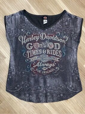 Harley-Davidson Womens Shirt Small Grey Paisley V-Neck Top Garden State NJ